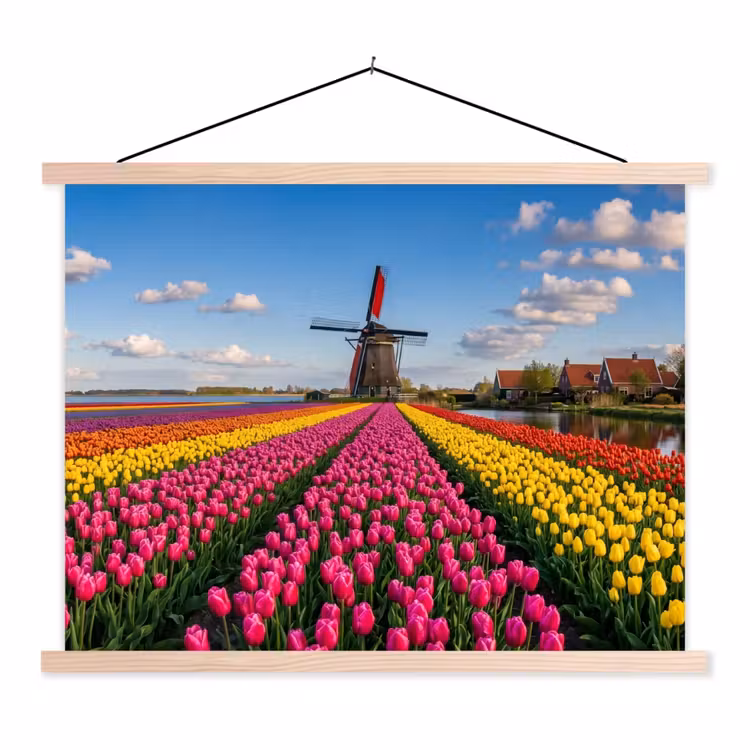 Tulpen - Holland - Molen - Kleurrijk textielposter latten blank klein -3d