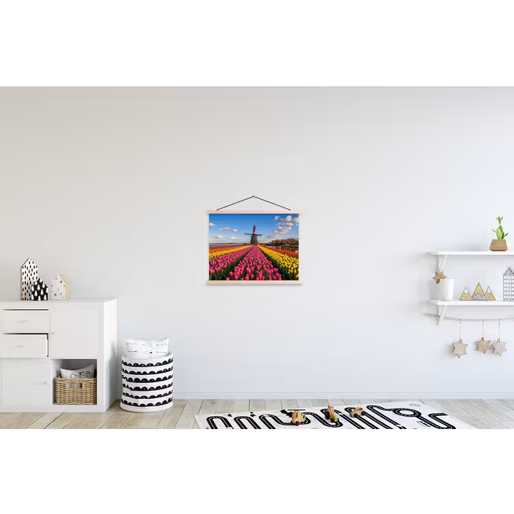 Tulpen - Holland - Molen - Kleurrijk textielposter latten blank klein -kinderkamer