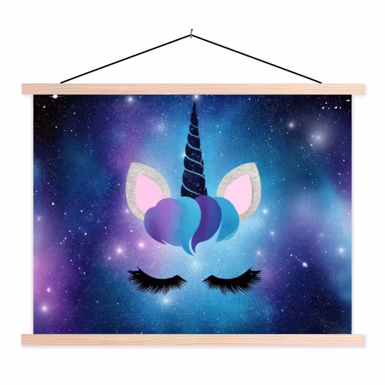 Eenhoorn - Sterren - Blauw textielposter latten blank klein -3d
