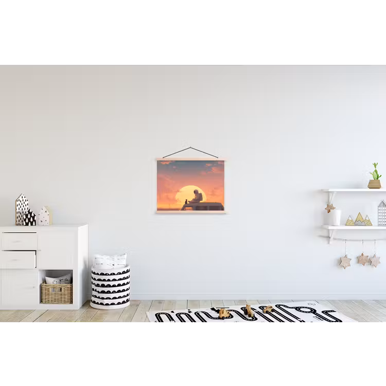 Busje - Kat - Zonsondergang - Oranje textielposter latten blank klein -kinderkamer