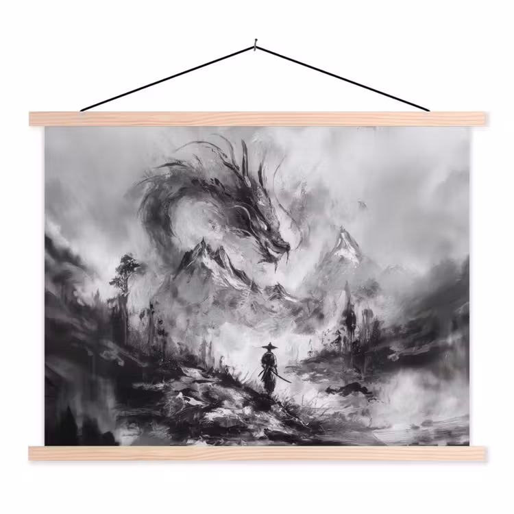 Krijger - Draak - Grijs textielposter latten blank klein -3d
