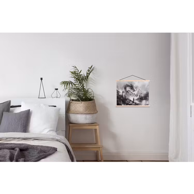 Krijger - Draak - Grijs textielposter latten blank klein -woonkamer
