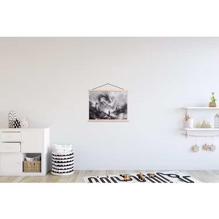 Krijger - Draak - Grijs textielposter latten blank klein -kinderkamer