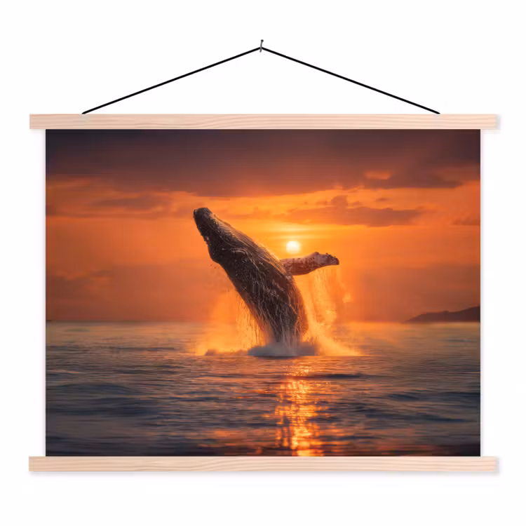 Walvis - Zon - Zee textielposter latten blank klein -3d