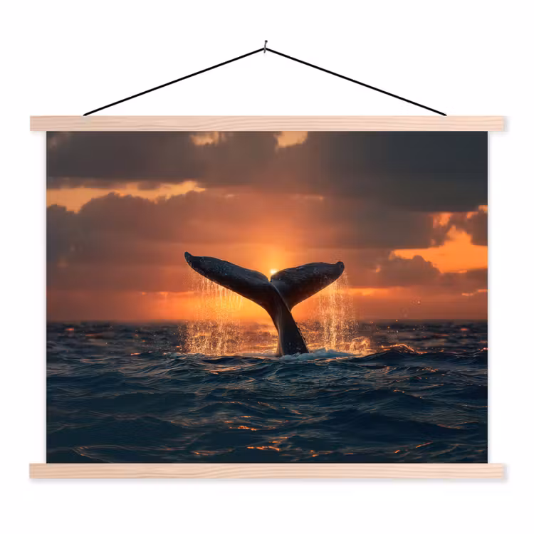 Walvis staart - Water - Zonsondergang textielposter latten blank klein -3d