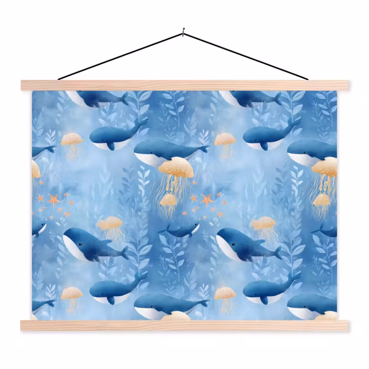 Walvissen - Oceaan - Blauw textielposter latten blank klein 122 -3d