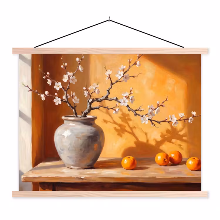 Hanging Poster - White Flowers - Still Life - Witte bloemen - Stilleven textielposter latten blank klein
