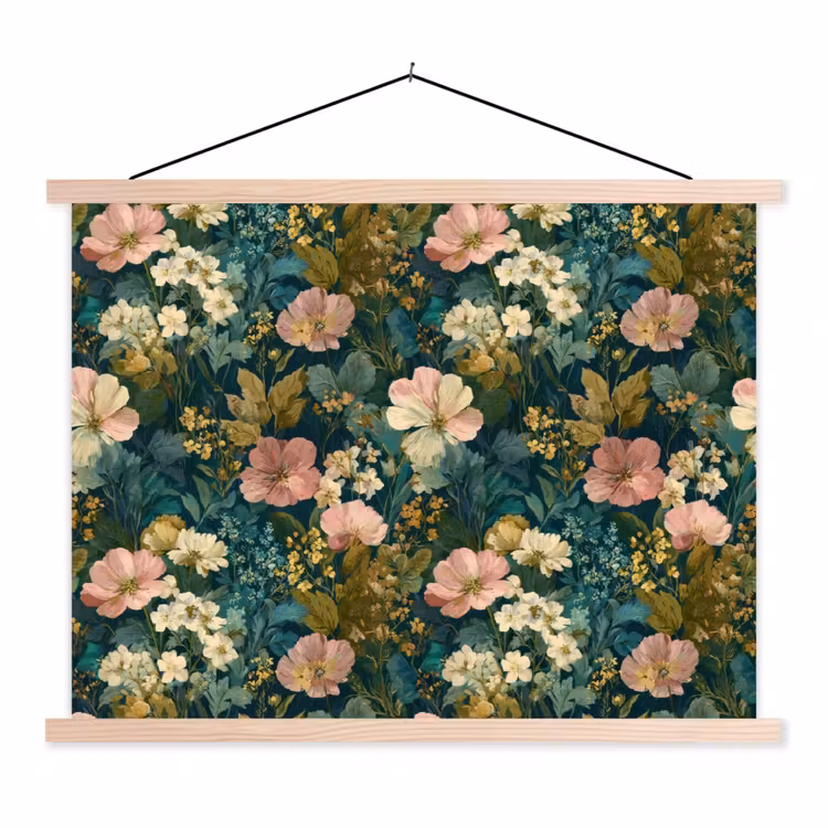 Wilde bloemen - Botanisch - Patroon - Roze - Romantisch textielposter latten blank klein 122 -3d