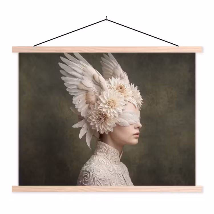 Vleugels - Vrouw - Wit textielposter latten blank klein -3d