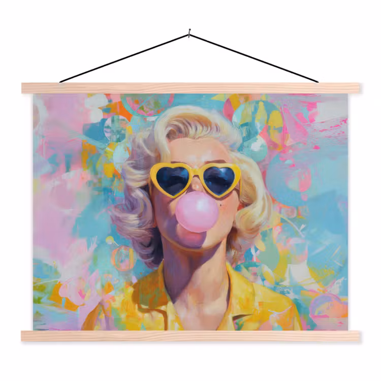 Vrouw - Blond - Roze kauwgom - Kleurrijk - Pastel textielposter latten blank klein -3d