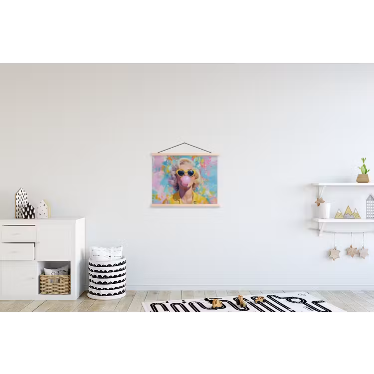 Vrouw - Blond - Roze kauwgom - Kleurrijk - Pastel textielposter latten blank klein -kinderkamer