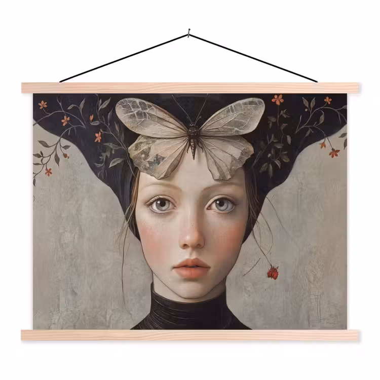 Woman - Butterfly - Art - Classic - Muted textielposter latten blank klein -3d