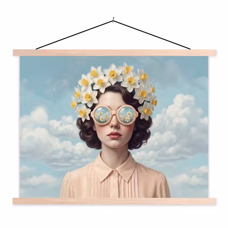 Vrouw - Narcissen - Geel textielposter latten blank klein -3d