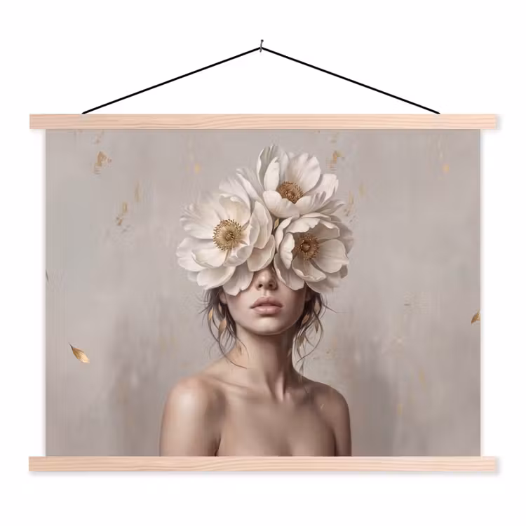 Vrouw - Pioenroos - Wit textielposter latten blank klein -3d