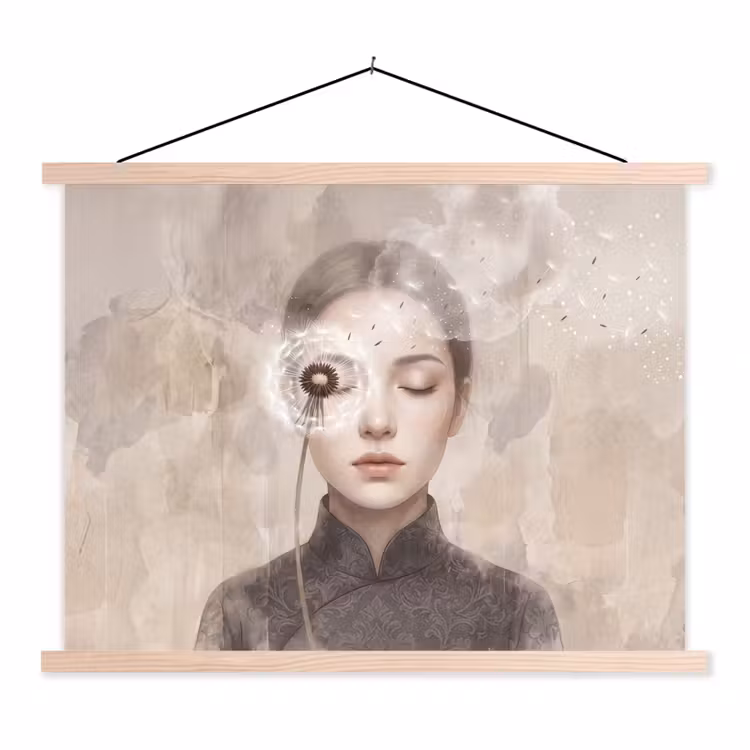 Vrouw - Sereen - Grijs textielposter latten blank klein -3d