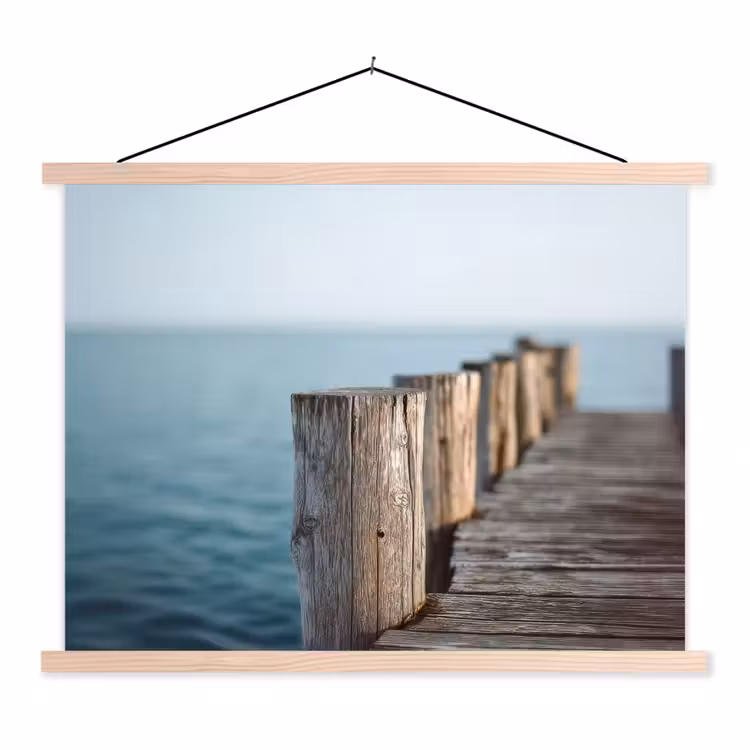 Houten steiger - Helderblauwe lucht textielposter latten blank klein -3d