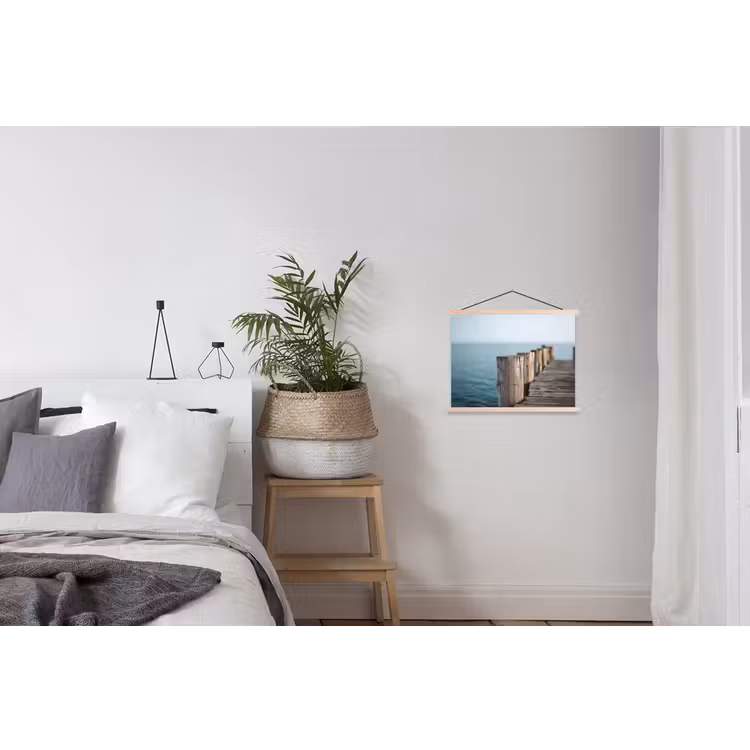 Houten steiger - Helderblauwe lucht textielposter latten blank klein -woonkamer