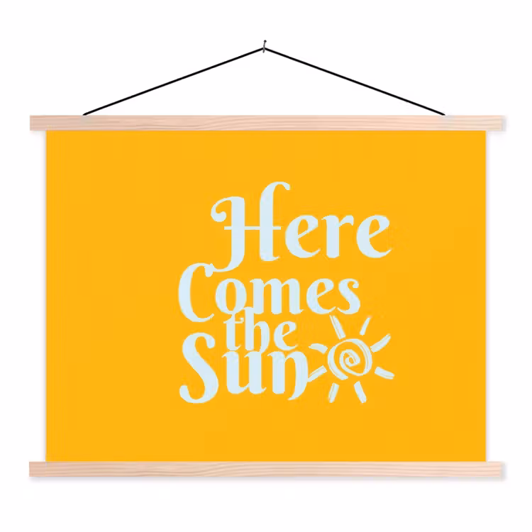 Geel - Blauw - Here comes the sun textielposter latten blank klein -3d