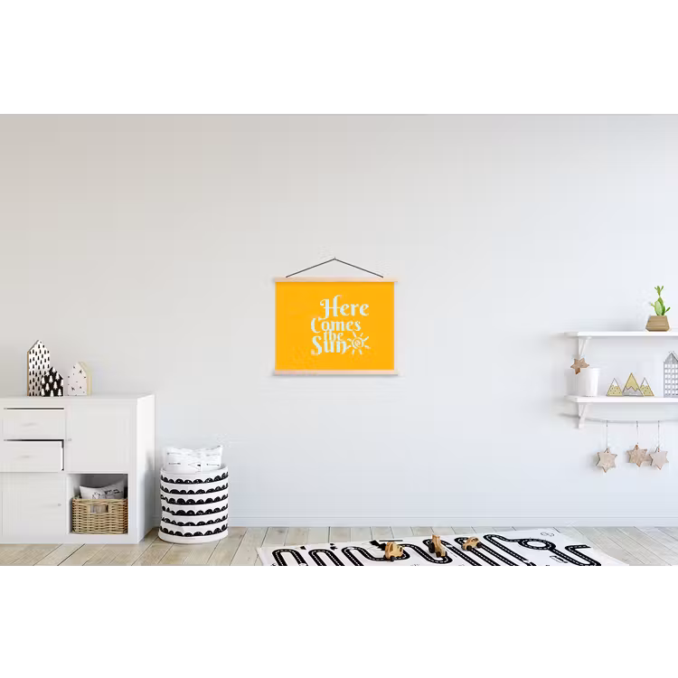 Geel - Blauw - Here comes the sun textielposter latten blank klein -kinderkamer