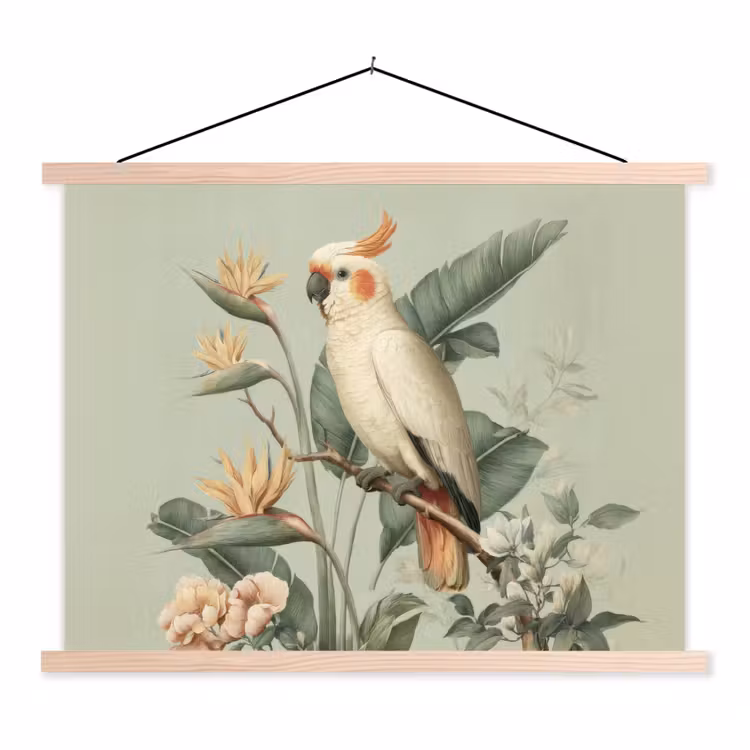 Gele kuifkaketoe - paradijsvogelbloemen - Groen textielposter latten blank klein -3d