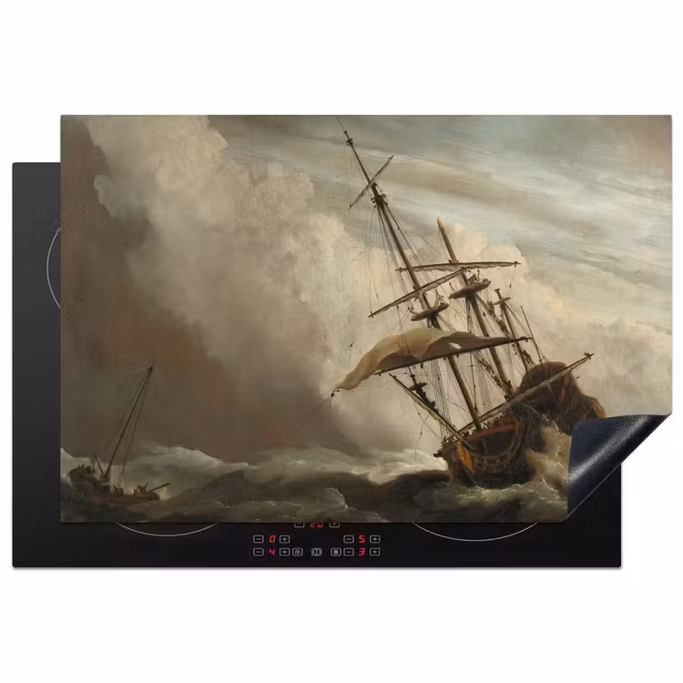 Een schip in volle zee bij vliegende storm - Schilderij van Willem van de Velde Inductie beschermer vinyl 3mm klein -3d