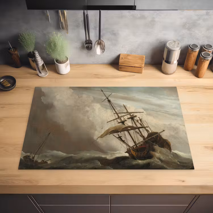 Een schip in volle zee bij vliegende storm - Schilderij van Willem van de Velde Inductie beschermer vinyl 3mm klein -sfeer5