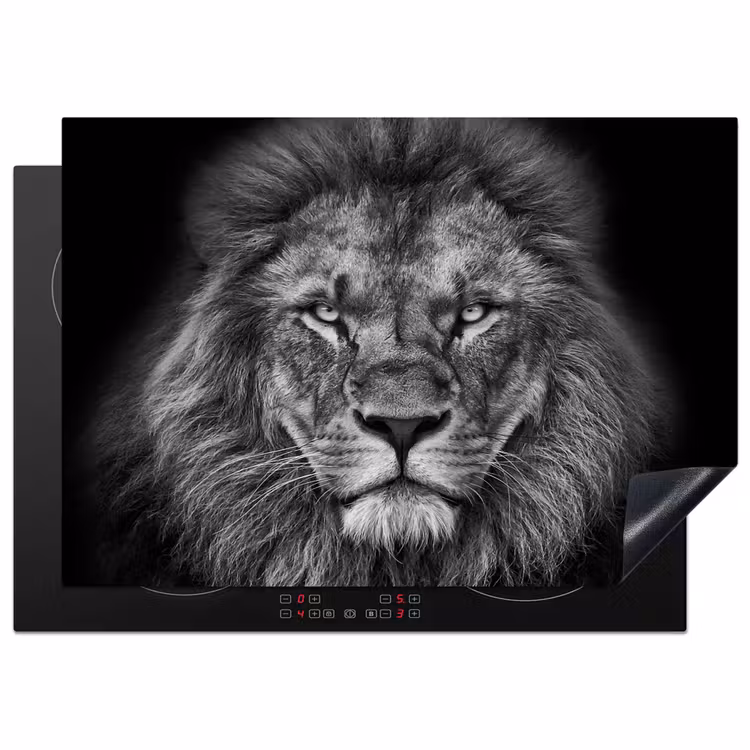 Dieren - Leeuw - Zwart - Wit - Portret Inductie beschermer vinyl 3mm middel -3d