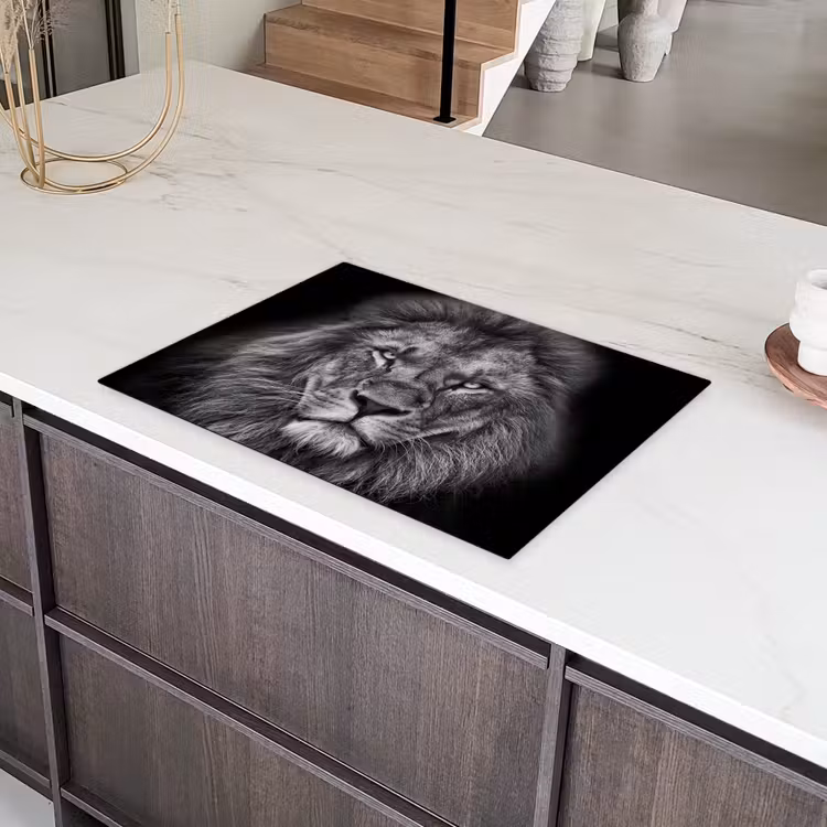 Dieren - Leeuw - Zwart - Wit - Portret Inductie beschermer vinyl 3mm middel -sfeer8