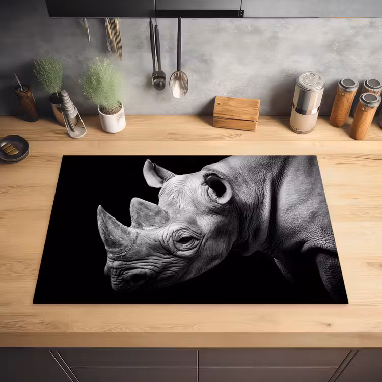 Dieren - Neushoorn - Zwart - Wit - Portret Inductie beschermer vinyl 3mm klein -sfeer5
