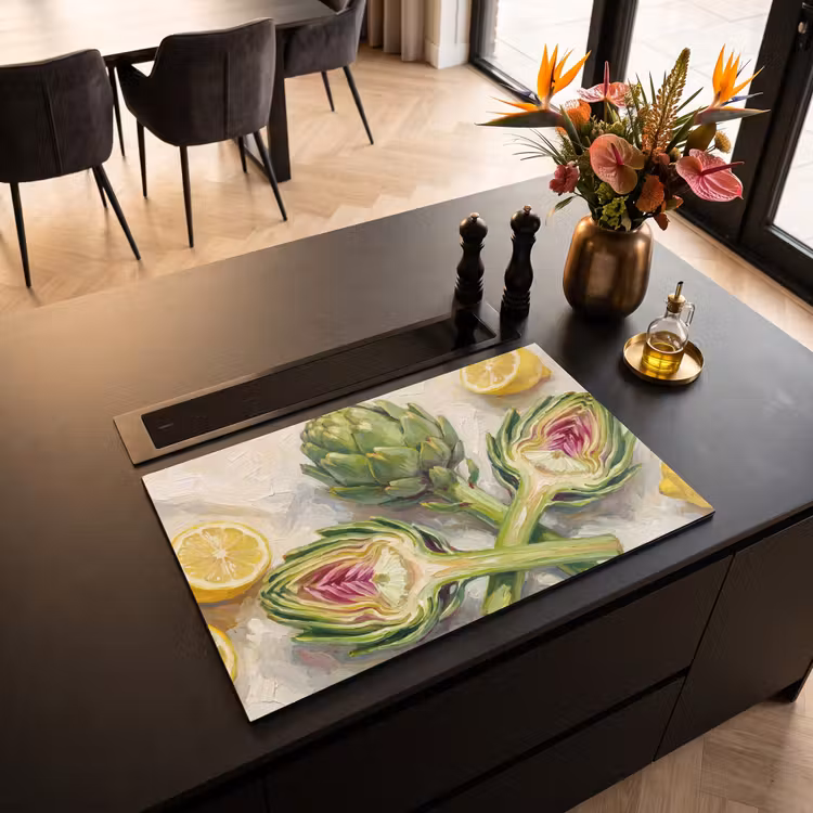 Induction Hob Cover - Artichoke - Lemon - Food - Artisjok - Citroen - Eten Inductie beschermer vinyl 3mm klein