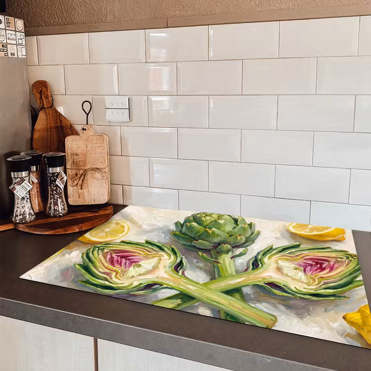Induction Hob Cover - Artichoke - Lemon - Food - Artisjok - Citroen - Eten Inductie beschermer vinyl 3mm klein