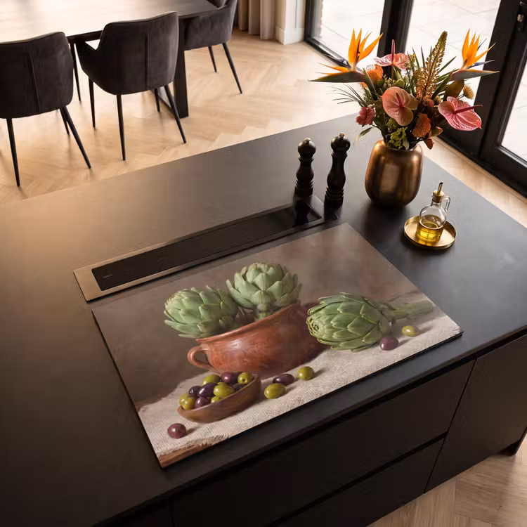 Induction Hob Cover - Artichokes - Olives - Food - Artisjokken - Olijven - Eten Inductie beschermer vinyl 3mm klein