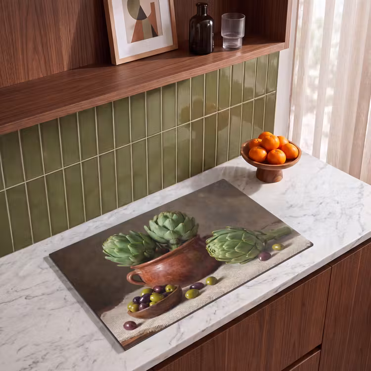 Induction Hob Cover - Artichokes - Olives - Food - Artisjokken - Olijven - Eten Inductie beschermer vinyl 3mm klein