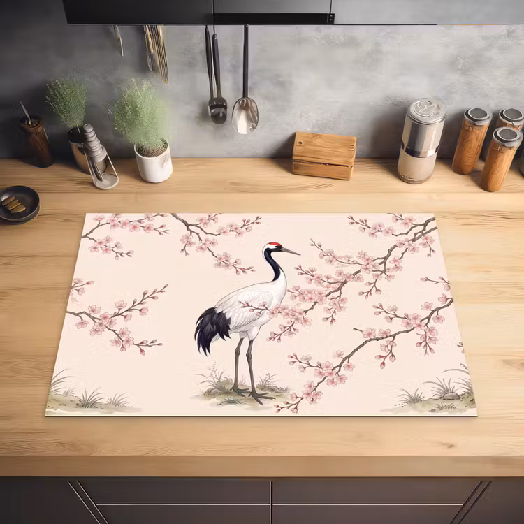 Aziatisch - Kraanvogel - Beige Inductie beschermer vinyl 3mm klein -sfeer5