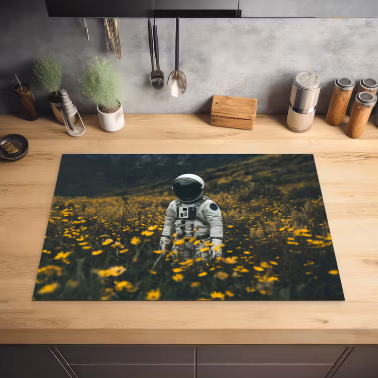 Astronaut - Bloemen - Veld - Geel Inductie beschermer vinyl 3mm klein -sfeer5