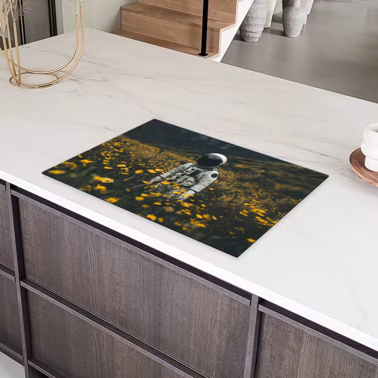 Astronaut - Bloemen - Veld - Geel Inductie beschermer vinyl 3mm klein -sfeer8