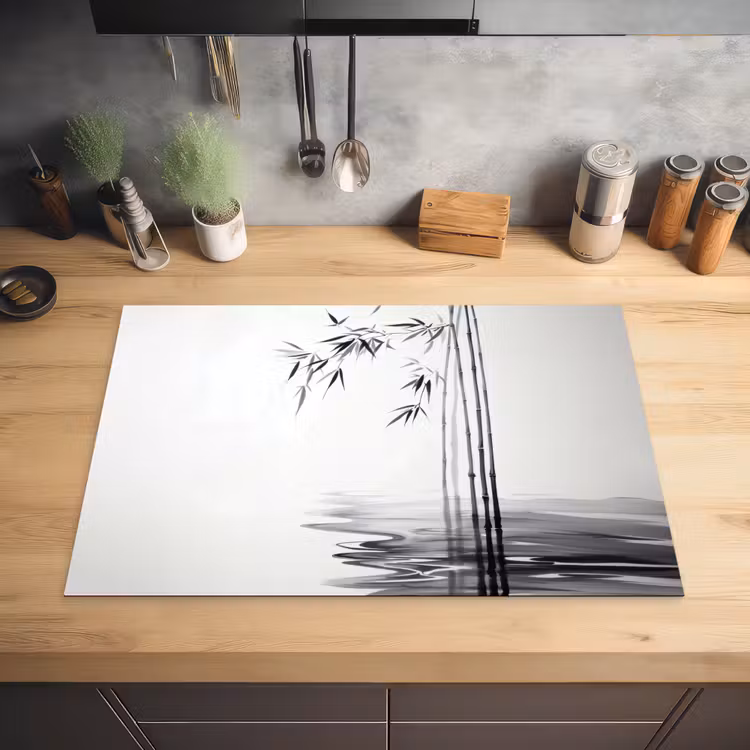 Bamboestammen - Water - Minimalistisch - Wit Inductie beschermer vinyl 3mm klein -sfeer5