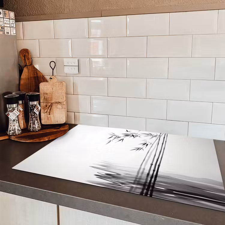 Bamboestammen - Water - Minimalistisch - Wit Inductie beschermer vinyl 3mm klein -sfeer3
