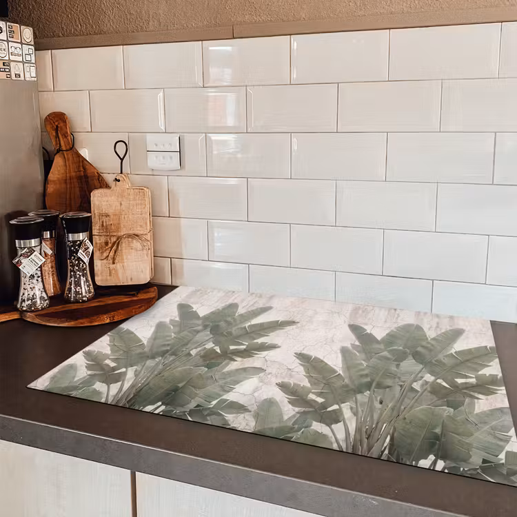 Bananenbladeren - Beton - Groen Inductie beschermer vinyl 3mm klein -sfeer3