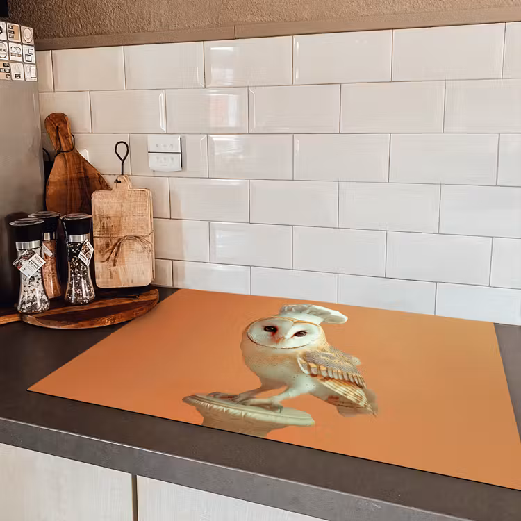 Kerkuil - Koksmuts - Oranje - Vogel Inductie beschermer vinyl 3mm klein -sfeer3