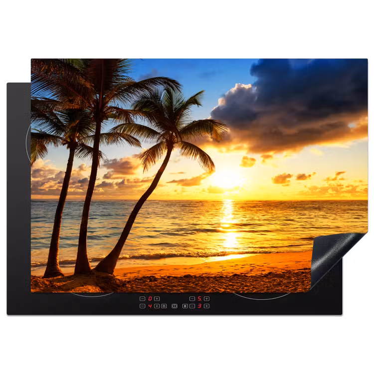 Strand - Horizon - Zonsondergang - Palmboom - Zee Inductie beschermer vinyl 3mm middel -3d