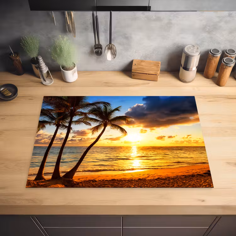 Strand - Horizon - Zonsondergang - Palmboom - Zee Inductie beschermer vinyl 3mm middel -sfeer5