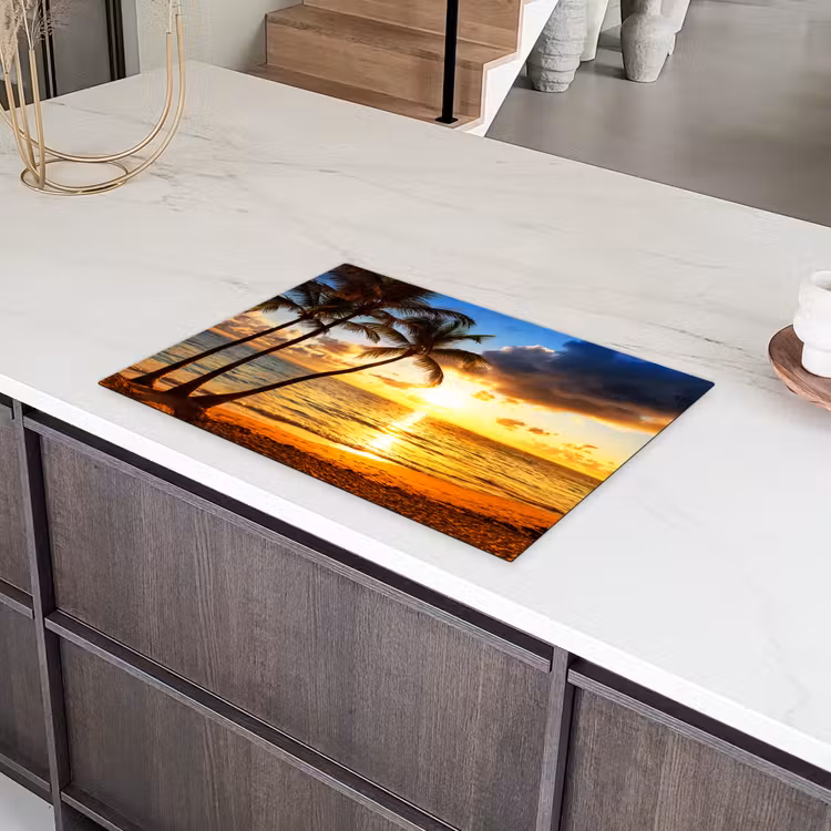 Strand - Horizon - Zonsondergang - Palmboom - Zee Inductie beschermer vinyl 3mm middel -sfeer8