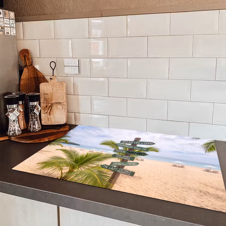 Strand - Wegwijzer - Palmen - Tropisch - Groen Inductie beschermer vinyl 3mm klein -sfeer3