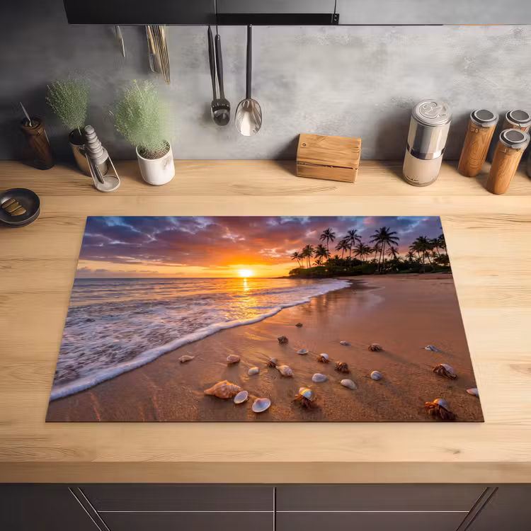 Strand - Zonsondergang - Palmbomen - Natuur - Oranje Inductie beschermer vinyl 3mm klein -sfeer5