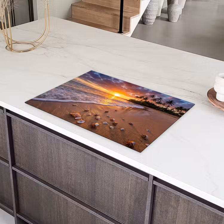 Strand - Zonsondergang - Palmbomen - Natuur - Oranje Inductie beschermer vinyl 3mm klein -sfeer8