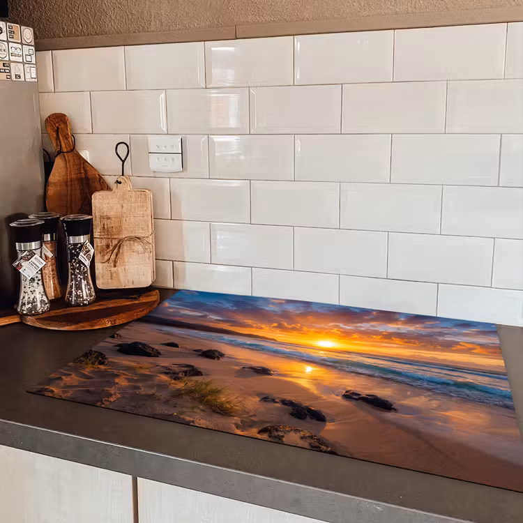 Strand - Zonsondergang - Golven - Natuur - Oranje Inductie beschermer vinyl 3mm klein -sfeer3