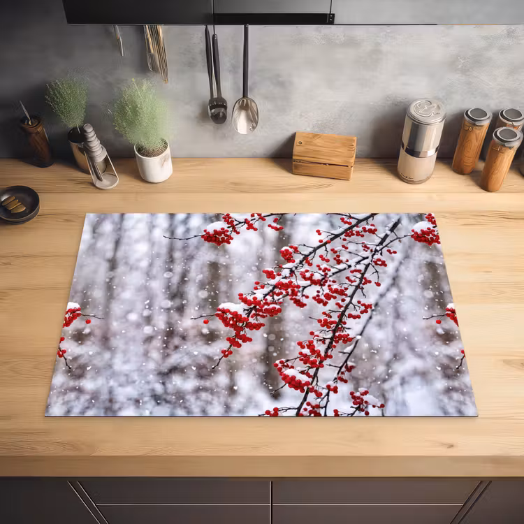 Bessen - Takken - Sneeuw - Winter - Kleurrijk Inductie beschermer vinyl 3mm klein -sfeer5