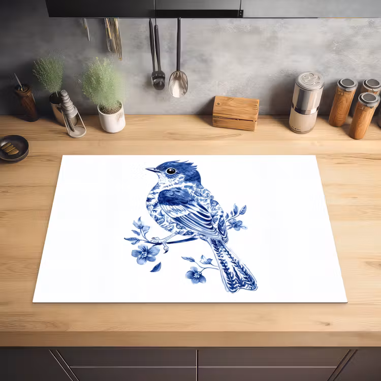 Vogel - Delfts blauw - Illustratie - Bloemen Inductie beschermer vinyl 3mm klein -sfeer5