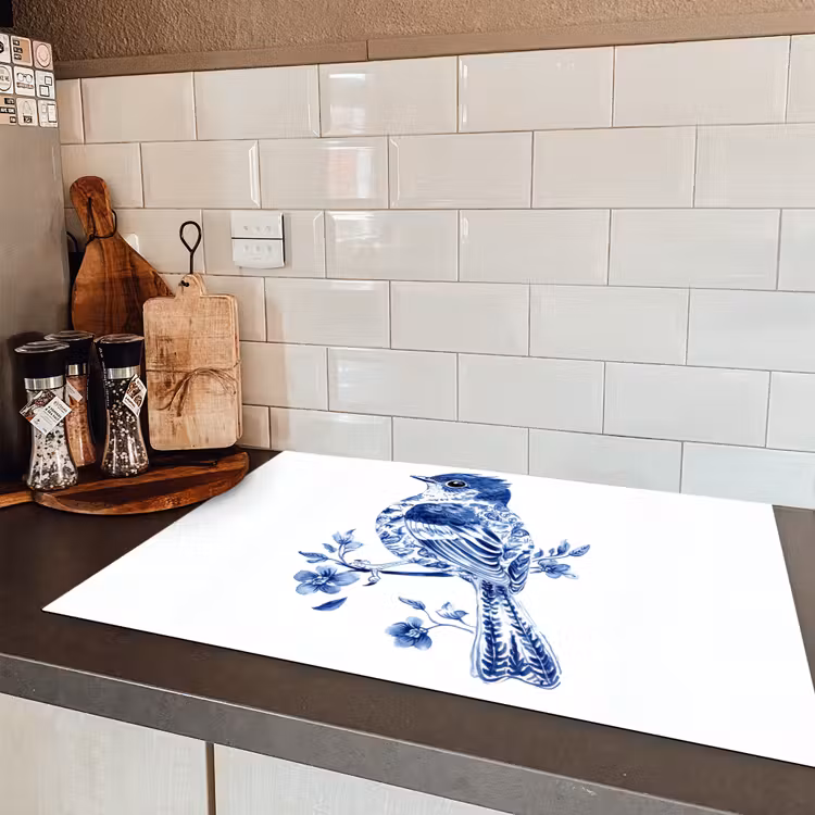 Vogel - Delfts blauw - Illustratie - Bloemen Inductie beschermer vinyl 3mm klein -sfeer3